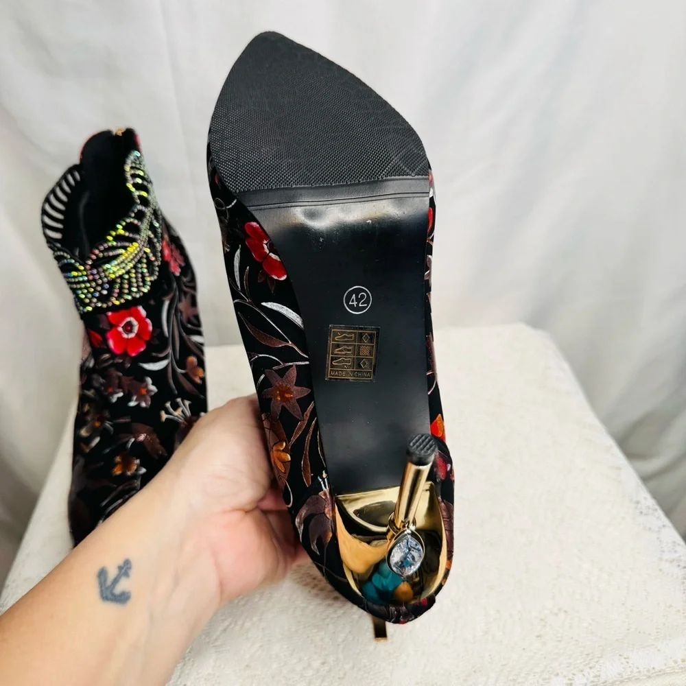 Floral Velvet Rhinestone Ankle Boots Sz 42 (US 10.5) Statement Stiletto Heel - Picture 10 of 16